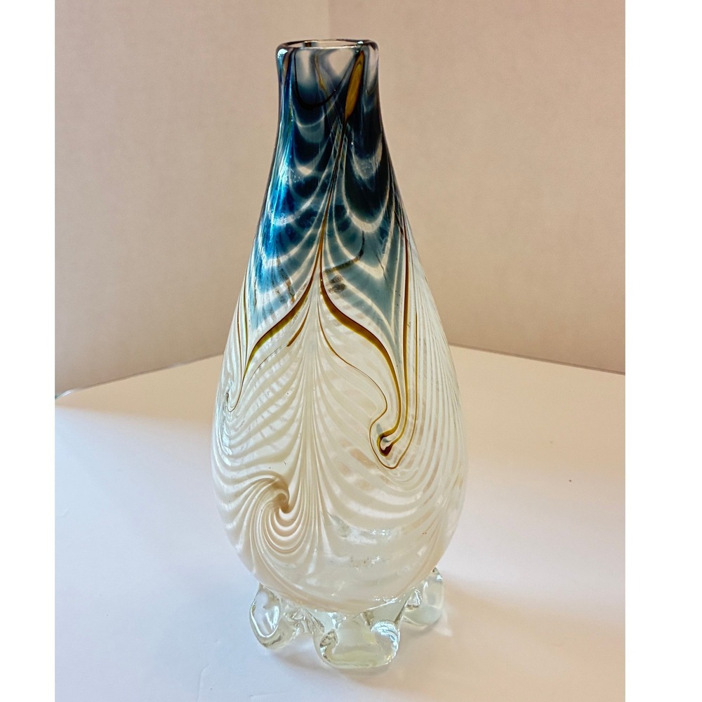 Hand Blown Art Glass Vase Blue White Pulled Feather Peacock Eye Footed 8 Inch